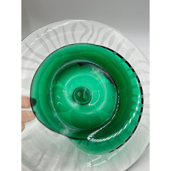 Green Art Glass Decorative Plate Dish Hand Made & Etched Clear Green Swirled - Picture 7 of 10
